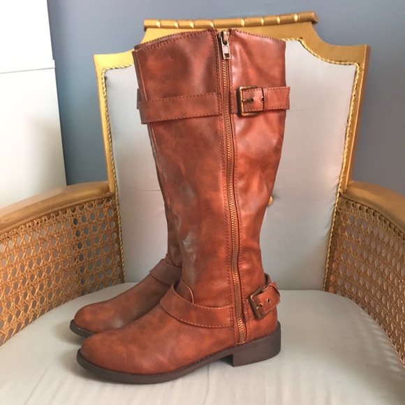 Brash Shoes Brash Brown Faux Leather Rounded Toe Zip Up Knee High